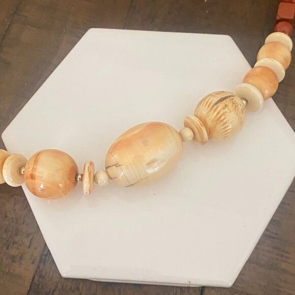 Vintage MJ Bone & Horn Necklace Red Jasper Square & Round Beads 27" - Picture 7 of 11